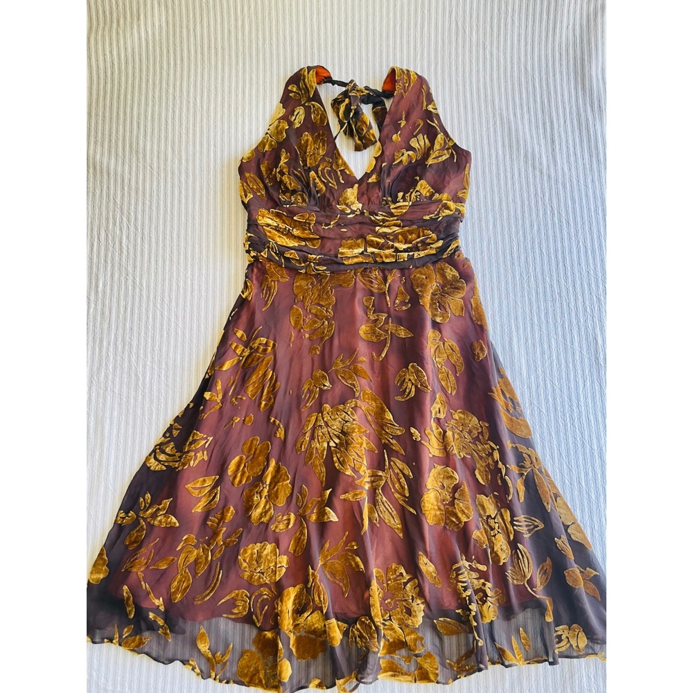 90s Signature Robbie Bee Silk Blend Floral Burnt Velvet Halter Midi Dress Gold 8